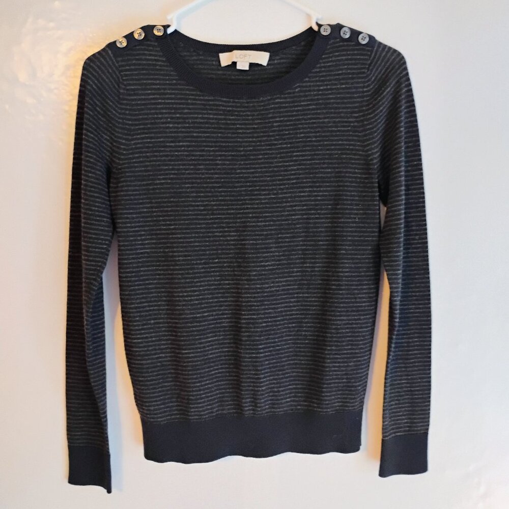 LOFT Striped Long Sleeve Top Button Shoulder Navy Gray Small